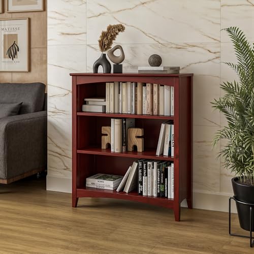 Camaflexi Shaker Style 3 Shelf Bookcase/Solid Wood / 36" High/Adjustable Shelving/Closed Back/Display Bookshelf for Living Room, Bedroom, Home and Office, Red Garnet Stain - color: Red Garnet Stain, size: 36"