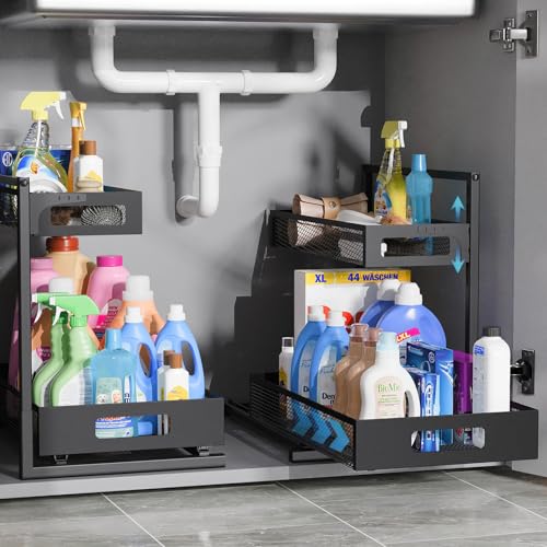 TISTAYA Under Sink Organizer, Silk-Smooth Metal Sliding Drawer Organizers and Storage Rack, Pull Out Cabinet Shelf for Kitchen, Bathroom, Pantry, Cabinet, Closet - color: Black, size: L-2PC