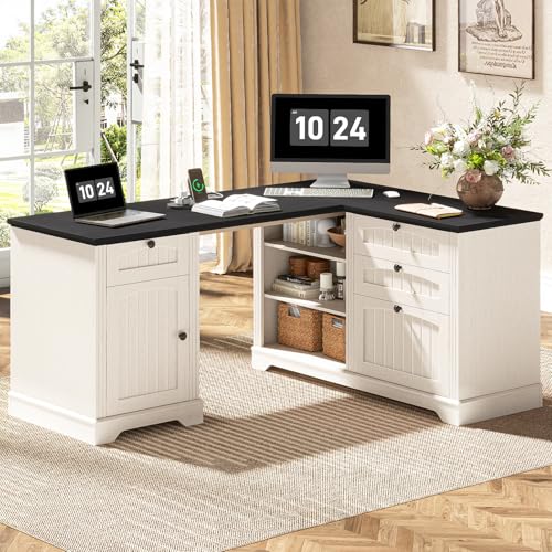 Vabches Farmhouse L Shaped Desk with Drawers, 56 Inch Executive Desk with File Cabinet, Wooden Corner Computer Desk with Power Strip for Home Office Work and Study, Rustic White and Black - color: Rustic White and Black