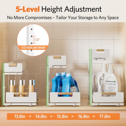 Delamu Under Sink Organizer 2 Pack, Pull Out Cabinet Organizer for Kitchen Sink, 2 Tier Metal Slide Out Shelf Caddy for Bathroom Storage, 5 Adjustable Heights for Pantry & Laundry Room, White