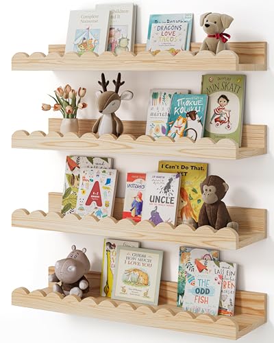 Shario Nursery Book Shelves, 4-Pack Wood Floating Shelves for Wall Kids, Scalloped Shelves, Wall Book Shelves for Bedroom Kids, Toddler Room, Baby Room, Nursery Decor(Wood, 16.5 Inches) - color: Wood, size: 16.5 Inches