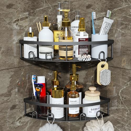Corner Shower Caddy,Black-Stainless Steel,2 Pack | NEVER RUST Bathroom Shower Corner Shelves with Adhesive,Rustproof Shower Organizer,No Drilling - color: Black-Stainless Steel