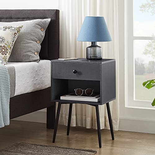 VECELO Nightstands Set of 2, Mid Century Modern End Bedside Table, Night Stand with Storage Drawer and 2 Tiers Open Shelf for Small Place, Bedroom, Living Room, Easy Assembly, Grey - color: Grey