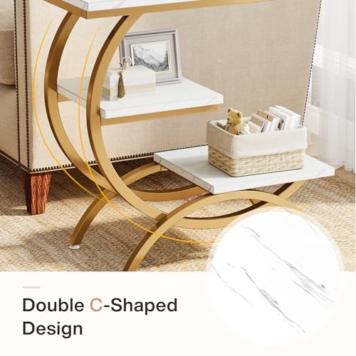Tribesigns C-Shaped End Table Set of 2, Industrial 3-Tier Small Side Table for Couch, Wood Bedside Table Snack Side Table with Storage Shelves for Living Room Small Space, White Gold - color: White Gold