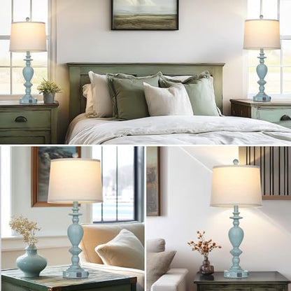 Cinkeda 27.5" Coastal Table Lamp for Living Room Set of 2,Retro Blue Bedside Nightstand Lamps with USB C+A Ports & AC Outlet,3-Way Dimmable Touch Control Desk Lamp for Bedroom - color: Blue
