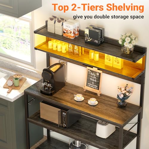 Aheaplus Bakers Rack with Power Outlet, Microwave Stand, 5 Tiers Coffee Bar Station with Led Lights, Kitchen Storage Shelf with 6 S-shaped Hooks, Kitchen Rack Coffee Bar Stand, Grey Oak - color: Black Oak, size: 31.5 inch