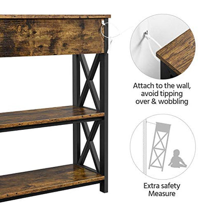 Topeakmart Console Table with Charging Station, 40" Narrow Entryway Table with 2 Power Outlets and 2 USB Ports, Sofa Hallway Table with Drawer, Behind Couch, for Living Room Rustic Brown - color: Rustic Brown, style: with Power Outlet