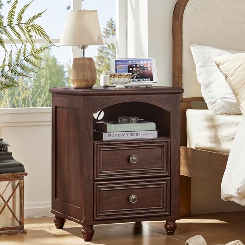 RWYHG 18" Night Stand with Charger Station, Nightstand with 2 Drawers | Farmhouse Modern Bedside Table, Open Storage Shelf, Solid Wood Legs, Walnut Bed Side End Tables for Bedroom Living Room - color: Walnut, size: 18"D x 18"W x 24"H (2 Drawers)