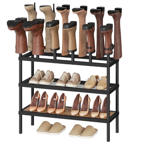Shoe and Boot Rack Organizer, Tall Boots Rack for Closet, Cowboy Shoes Storage, 4 Tier Shoe Racks Organizer Holds 14 Pairs, Black and Rustic Brown SS29BR - color: Rustic Brown + Black, size: 29.9" x 10.2" x 37"