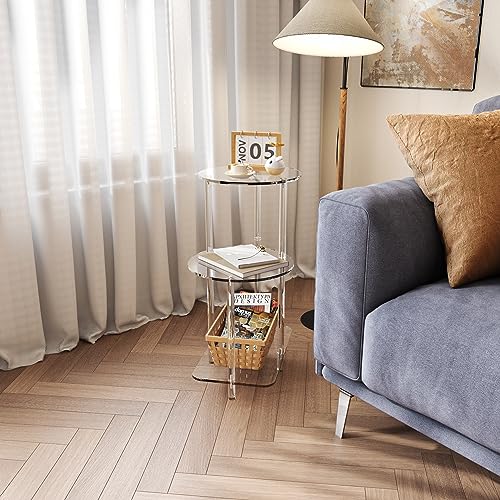 Eglaf Acrylic Round Side Table, 3-Tier Step End Table, Bedside Table | Clear Nightstand Small Accent Entryway Table, for Living Room, Bedroom, Hallway, 16.7'' L x 11.8'' W x 23.5'' H