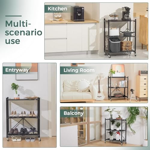 DEANIC 3 Tier Foldable Storage Shelves with Wheels, Kitchen Appliance Stand, Freestanding Metal Wire Shelf Rack, No Assembly Organizer Rolling Cart for Garage, Basement, Pantry(Black Pack of 2) - color: Black