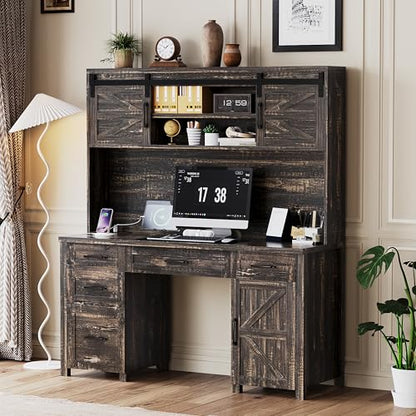 61" Farmhouse Executive Desk with Hutch & Charging Station, Wooden Computer Desk with 2 Sliding Barn Doors, 5 Drawers & Storage Cabinet with Adjustable Shelf for Home Office, Bedroom (Rustic Gray-01) - color: Rustic Gray-01