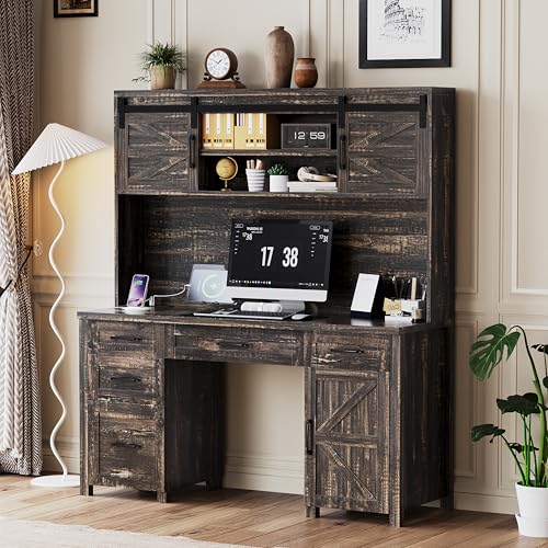 61" Farmhouse Executive Desk with Hutch & Charging Station, Wooden Computer Desk with 2 Sliding Barn Doors, 5 Drawers & Storage Cabinet with Adjustable Shelf for Home Office, Bedroom (Rustic Gray-01) - color: Rustic Gray-01
