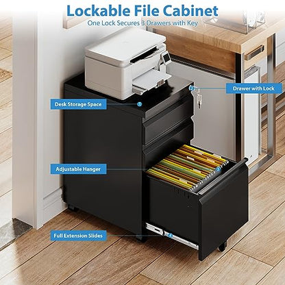 3 Drawer Mobile File Cabinet with Lock,Under Desk Rolling File Cabinet for Home Office Fits Legal/Letter/A4 File (Unassembled,Black) - color: Black, size: 14.6"W x 24.4"H x 17.3"D
