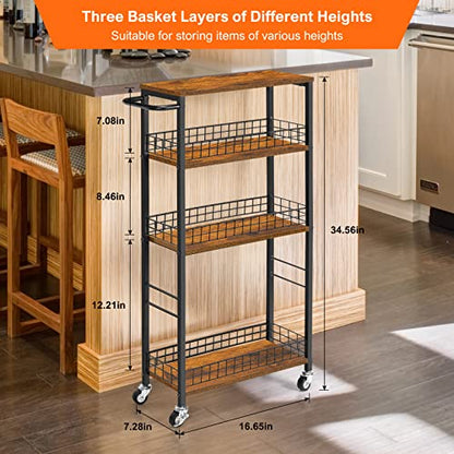 YBING Slim Storage Cart 4 Tier Narrow Kitchen Rolling Cart with Wooden Tabletop Mobile Utility Stand on Wheels for Bathroom Laundry Narrow Places Rustic Brown 16.5''L X 7.3''W X 34.6''H - color: Browm