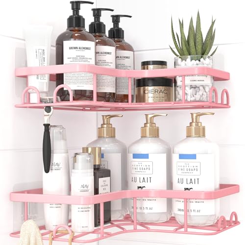 Sakugi Corner Shower Caddy - 2 Pack, Adhesive Shower Organizers, Rustproof Stainless Steel Shower Shelves with 8 Hooks, No Drilling Bathroom Organizers and Storage Racks, Space-Saving, Pink, Medium - color: Pink, size: Medium