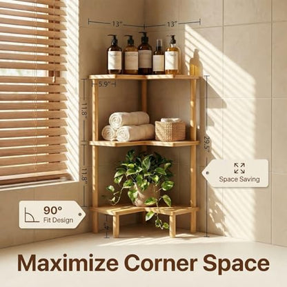 Bamboo Corner Shower Caddy Stand 3-Tier, Standing Shower Organizer with Anti-Slip Feet, Waterproof & Durable Bathroom Shower Shelf, Space-Saving Design Storage for Kitchen or Living Room
