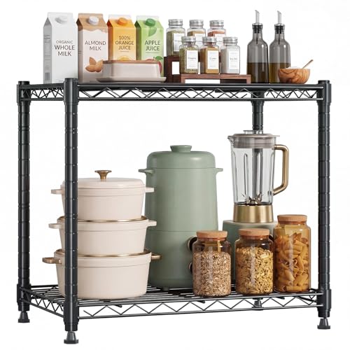 NEWBULIG 2-Tier Metal Wire Storage Shelves, Adjustable Heavy Duty Steel Shelving Unit, Freestanding Storage Rack Organizer for Kitchen, Pantry, Garage, Bathroom, 23.2" W x 13.4" D x 21.7" H, Black - size: 23.2" W x 13.4" D x 21.7" H