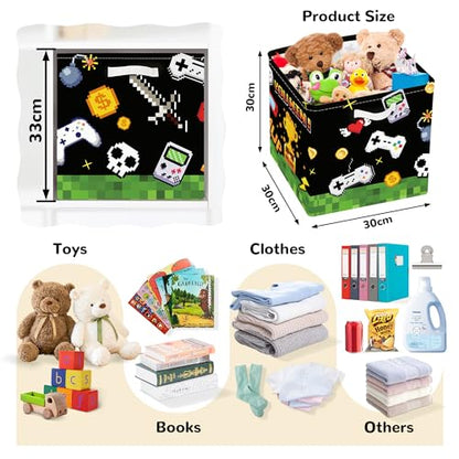Clastyle Video Game Kid Storage Cube Organizer Set Black Gamepad Closet Clothes Cube Storage Bin Nursery Toddler Toy Box Chest Girl Boy Book Shelf Basket,Pixel Art,11.8x11.8x11.8 in - color: Pixel Art