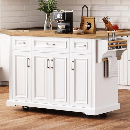 Large Kitchen Island with Rubber Wood Drop Leaf, Rolling Kitchen Cart with Ample Storage on Wheels with Doors and Drawers, Embossed Texture for Dining Room (54Inch, White, Silver Handle) - color: White, size: 54 Inch