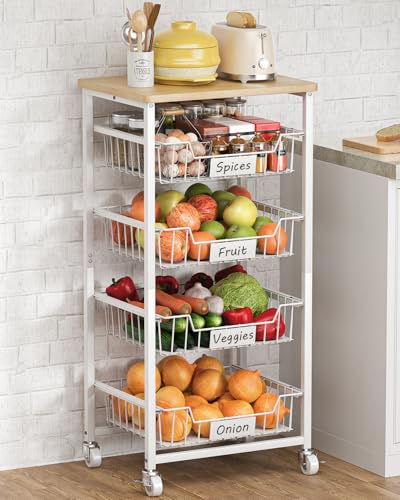 CHLORYARD Fruit Vegetable Basket for Kitchen Pantry Storage Organizer, 5-Tier Metal Utility Kitchen Rolling Cart on Wheels with Drawer Rack and Wood Top for Potatoes Onions - color: White, size: 5 Tier