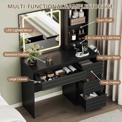 Makeup Vanity Desk with Lights, Fluted Vanity with 4 Drawers, Open Shelves, Power Outlet, LED Lighted Mirror, 3 Lighting Modes & Brightness Adjustable, Wood Dressing Table for Bedroom,Black - color: Black
