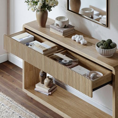Evermagin 59'' Oak Entryway Table with Drawers, Boho Fluted Console Table, Sofa Table with Storage for Living Room, Entrance, Hallway - color: Oak
