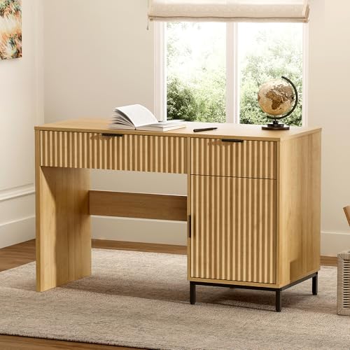 EYYTHUNG 47" Fluted Executive Desk, Modern Wood Home Office Desk with Charging Station, Drawer & Cabinet, Computer Writing Desk for Work Study, Natural Oak - color: Natural Oak