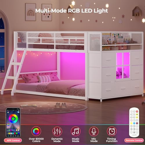 BTHFST Low Bunk Bed Twin Over Twin with 7 Large Fabric Drawers & Bookshelf, Metal Bunk Bed with RGB LED Lights & Slanted Ladder & Safety Guardrail, Kids Low Loft Bed Twin for Small Space, White - color: White
