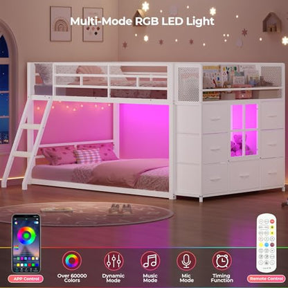 BTHFST Low Bunk Bed Twin Over Twin with 7 Large Fabric Drawers & Bookshelf, Metal Bunk Bed with RGB LED Lights & Slanted Ladder & Safety Guardrail, Kids Low Loft Bed Twin for Small Space, White - color: White