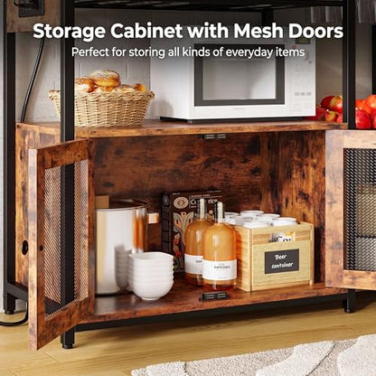 IRONCK Bakers Rack with Power Outlet, 45.5" W Kitchen Racks and Shelves | Chic Rustic Wood & Iron Frame. Ultimate Space Saver for Small Apartment Kitchens, Dining Beverage Bars, and Coffee Corners