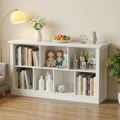 Unikito 7 Cube Storage Book Shelf - 47" Wide Wood Cube Storage Organizer, Wooden 2 Tiers Floor Standing Low Bookcase for Living Room, Bedroom, Home Office, Kids Room, Rustic White