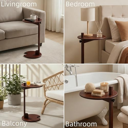 Bamboo Side Table for Sofa - Adjustable Height C Shaped End Tables for Small Spaces, Couch, Bedside, Living Room, 12.6x12.6x26 Inch TV Tray Round Stand for Drink, Snack, Coffee (Chestnut) - color: Chestnut