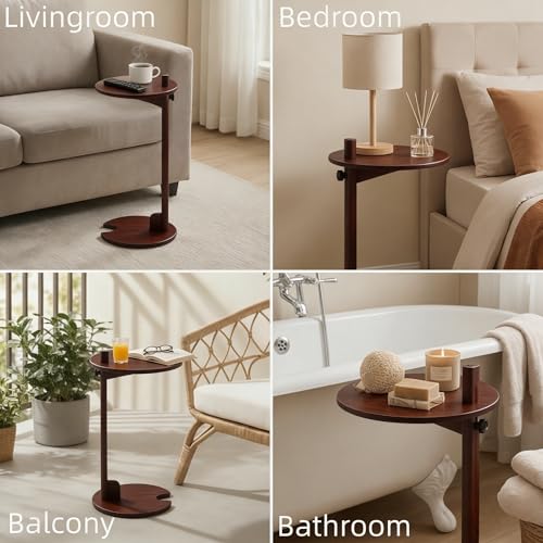 Bamboo Side Table for Sofa - Adjustable Height C Shaped End Tables for Small Spaces, Couch, Bedside, Living Room, 12.6x12.6x26 Inch TV Tray Round Stand for Drink, Snack, Coffee (Chestnut) - color: Chestnut