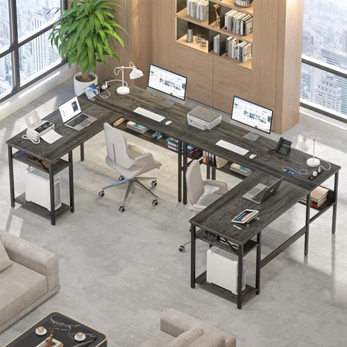 Reversible L Shaped Gaming Desk with Power Outlets and USB Charging Ports, Sturdy Computer Desk with Storage Shelf, Modern Corner Desk Home Office Table, Easy to Assemble, Gray Oak