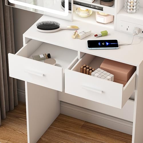 Small Vanity Desk Set with Lighted Mirror and Stool, Compact Makeup Table Set with Light - 3 Color Models, Dressing Makeup Table with Hair Dryer Rack & Power Strip & 2 Drawers for Bedroom Apartment