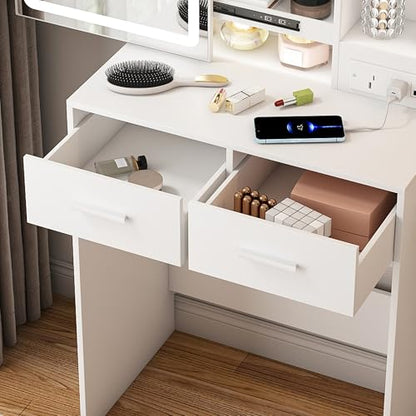 Small Vanity Desk Set with Lighted Mirror and Stool, Compact Makeup Table Set with Light - 3 Color Models, Dressing Makeup Table with Hair Dryer Rack & Power Strip & 2 Drawers for Bedroom Apartment