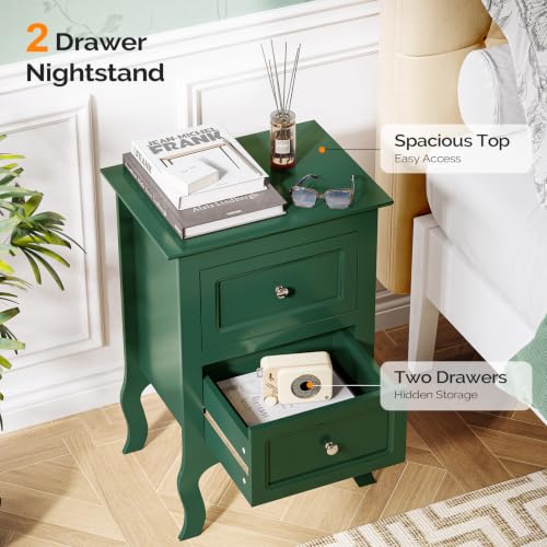Bonnlo Green Nightstand with Drawers for Bedroom, Green Night Stand Bedside Table for Small Spaces, Kids Room, Living Room, Dorm, French, 15.75" W x 11.8" D x 23.6" H - color: Green