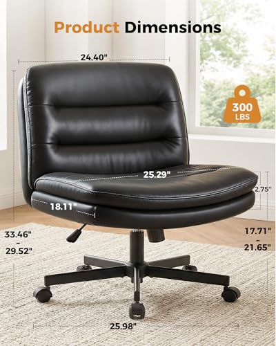 COMHOMA Cross Legged Office Chair with Wheels Armless Office Desk Chair, Modern Vanity Computer Task Chairs for Home Bedroom, Comfortable Wide Seat for Lower Back Pain Relief, PU Leahter, Black - color: Matte-black
