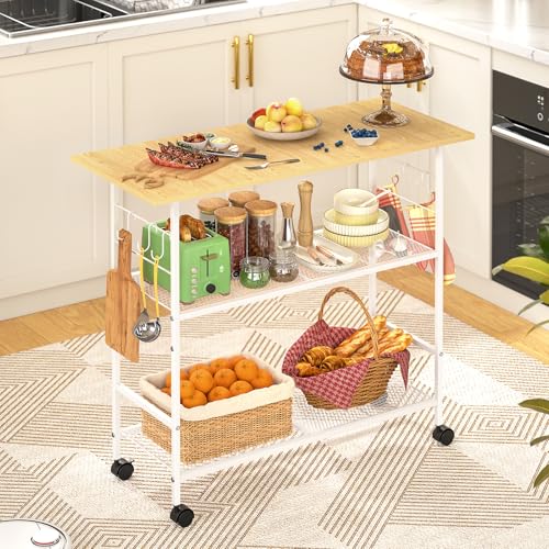Kitchen Island with 3 Shelves, Rolling Kitchen Cart with 6 Hooks and Protective Shelf, Microwave Stand on Lockable Wheels, Bakers Rack Coffee Bar for Dining, Living Room, Outdoor, Metal Frame, White - color: White, size: Standard without Power Outlet