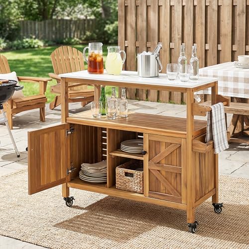 Merax Outdoor Acacia Wood Bar Cart, Natural Finish with Marble-Effect Top | Lockable Wheels & Bottle Holders for Indoor, Outdoor, Patio - style: Style 2