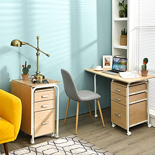 Tangkula Folding Computer Desk with 3 Drawers, Mobile Home Office Desk, Portable Laptop Desk Writing Table, Space Saving Compact Desk for Small Spaces, Dorm, Apartment - color: Beige