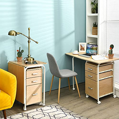 Tangkula Folding Computer Desk with 3 Drawers, Mobile Home Office Desk, Portable Laptop Desk Writing Table, Space Saving Compact Desk for Small Spaces, Dorm, Apartment - color: Beige