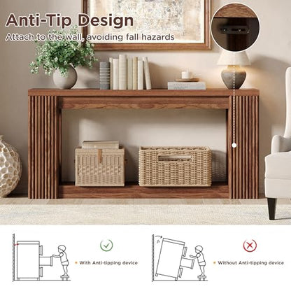 Maupvit Fluted Wooden Console Table with 2 Storage, 71 Inches Rectangular Entryway Table Behind The Couch, Farmhouse Boho Sofa Table for Entrance, Hallway, Living Room (Walnut) - color: Walnut