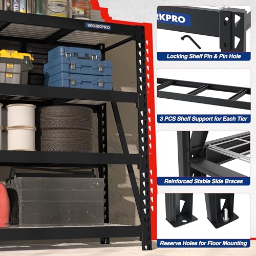 WORKPRO Heavy Duty Metal Garage Shelving, 68" W x 24" D x 65" H, 7200 LBS Load - color: Black, size: 68”W x 24”D x 65”H