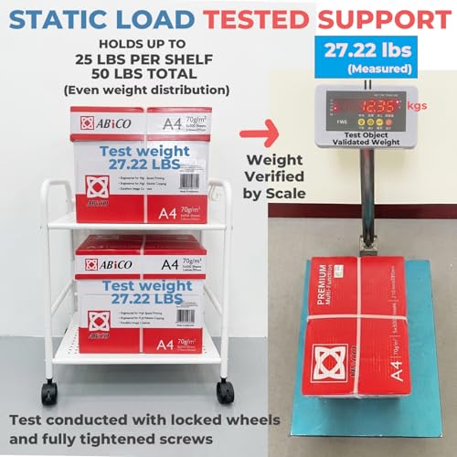 2-Tier Metal Rolling Cart, Compact Under Desk Storage Organizer | 12.2" clearance fits binders & tall bottles; anti-drop safety guard; small space mobile shelf for home, bedroom & office. - color: White
