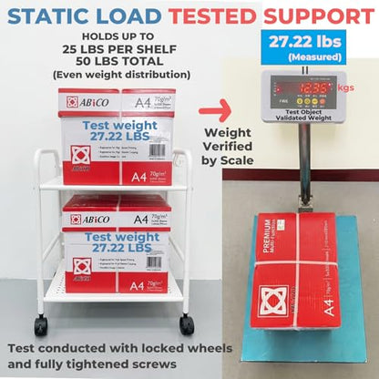 2-Tier Metal Rolling Cart, Compact Under Desk Storage Organizer | 12.2" clearance fits binders & tall bottles; anti-drop safety guard; small space mobile shelf for home, bedroom & office. - color: White
