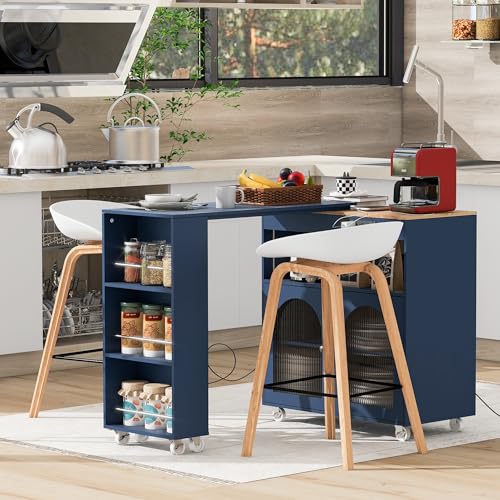 Rolling Kitchen Island with Extendable Swivel Table and Power Outlet, Kitchen Island on Wheels with Storage Cabinet, Fluted Glass Doors and Open Shelves for Small Spaces, Navy Blue - color: Navy Blue