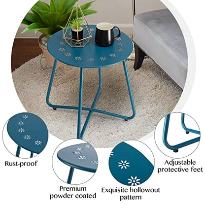 danpinera Outdoor Side Tables with Flower Cut Outs, Weather Resistant Steel Patio Side Table, Small Round Outdoor End Table Metal Side Table for Patio Yard Balcony Garden Navy Blue - color: Navy Blue