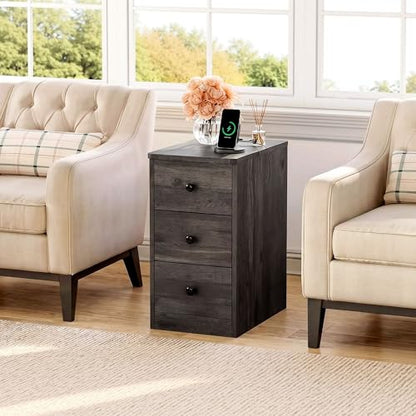 LIKIMIO Nightstand with Charging Station, 3 Drawers Modern for Bedroom - color: Charcoal Grey